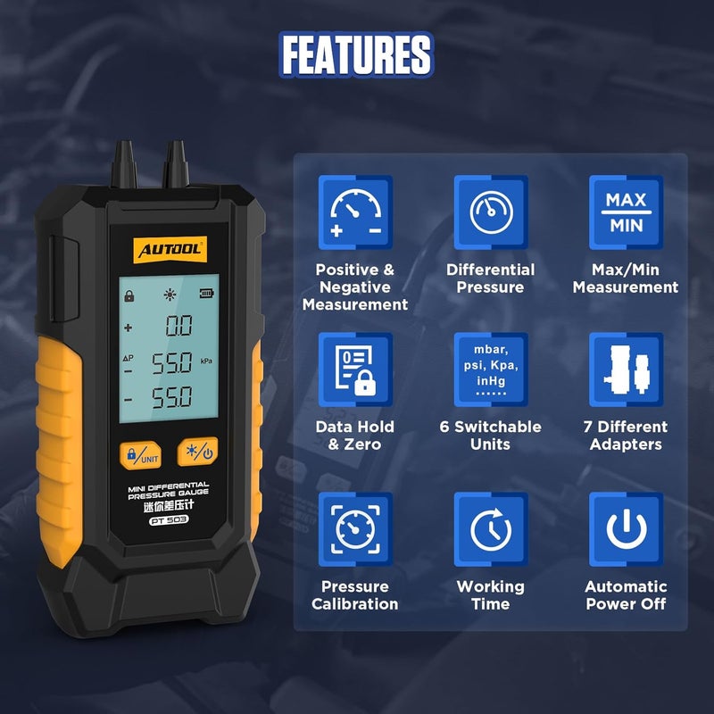 Autool Manometer Gas Pressure Tester, Digital Manometer HVAC, 6 Units Differential Dual Port Pressure Gauge -101 to 200Kpa, Data Zeroing with Backlight LCD Display - Image 2